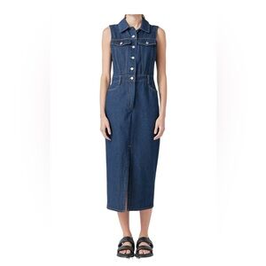 New Grey Lab Sleeveless Maxi Denim Dress Navy Size FrontSlit Collared Size Large